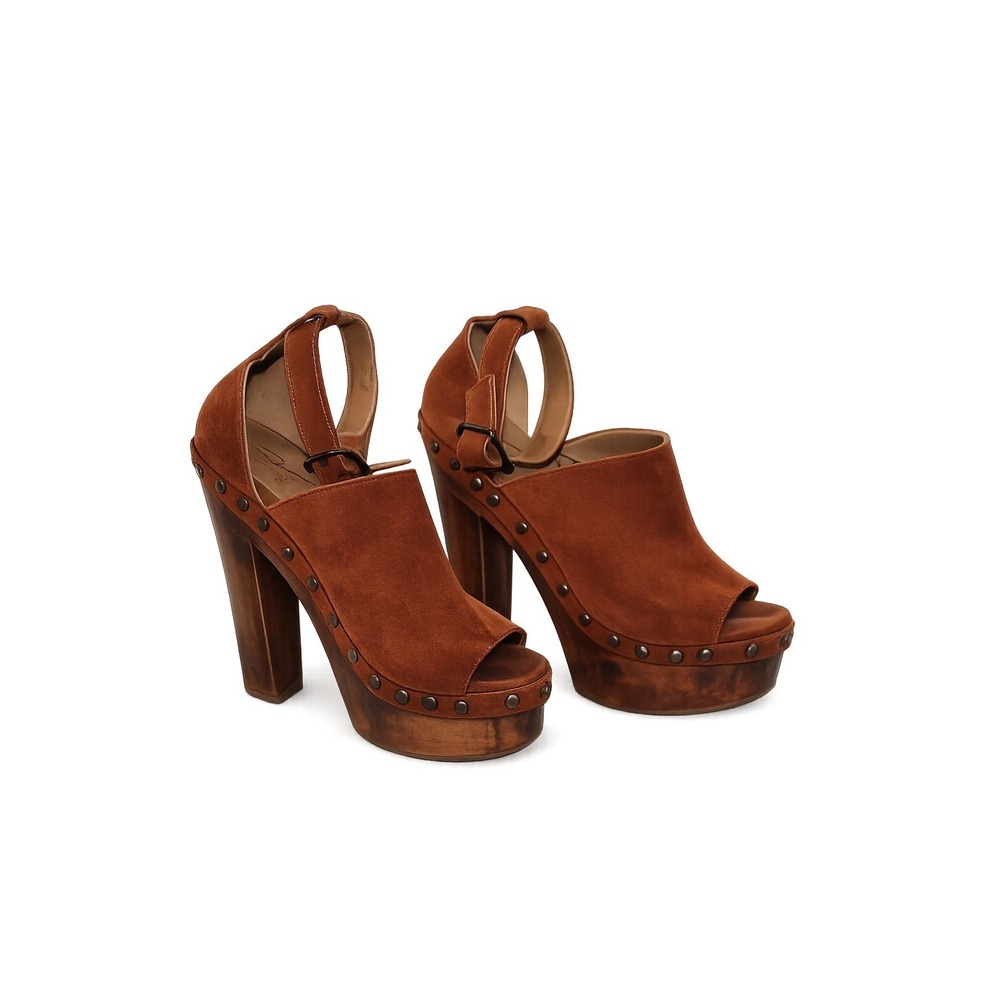 Sole Child Rose Suede Platform Sandals Womens 6.5 Brown Studded Wood Block Heel - Picture 2 of 5